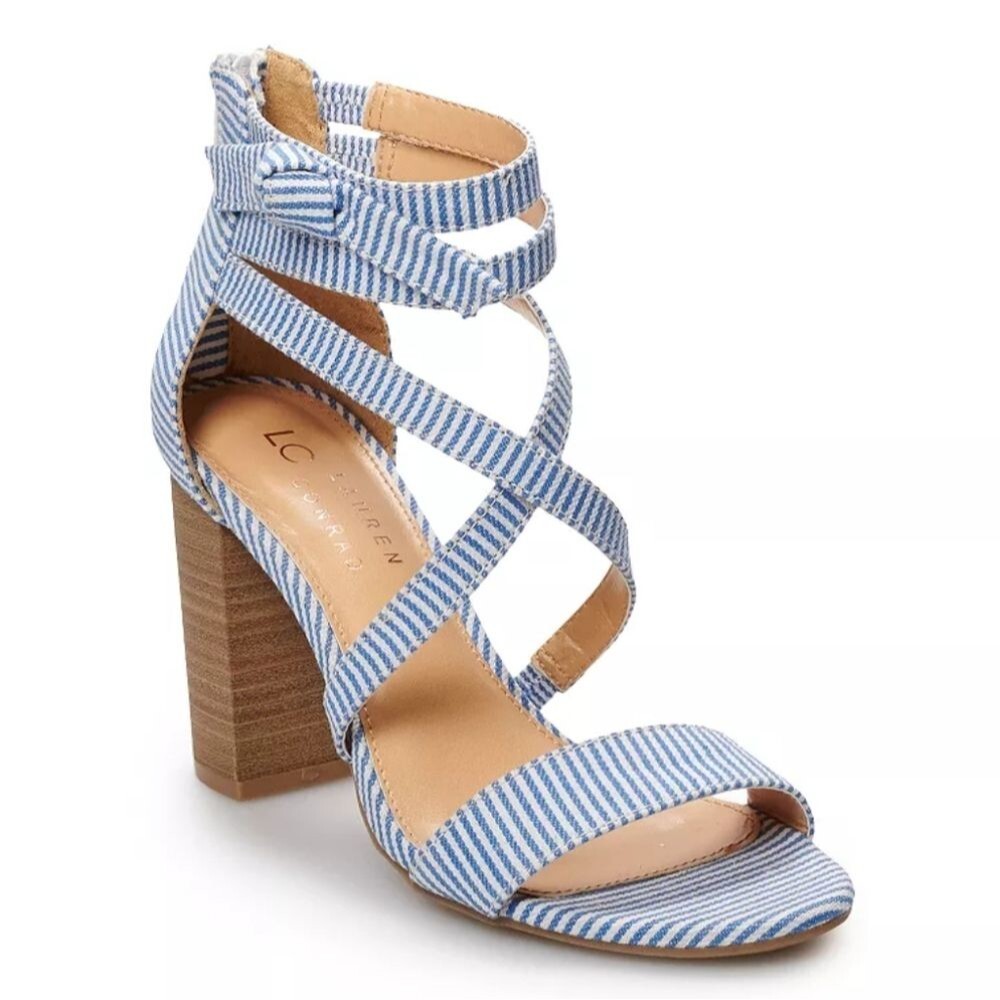 LC Lauren Conrad Walnut Strappy High Heel Sandals Blue Stripe, Sz 8.5